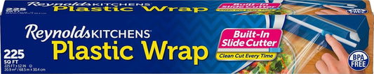 Reynolds Kitchens Clear Plastic Wrap, Built-In Slide Cutter, 225sq ft | Plastic Cling Wrap for Food Storage, Seals in Freshness, Clean Cut Every Time, Ideal For Leftovers, BPA-Free, 12 in x 225 ft