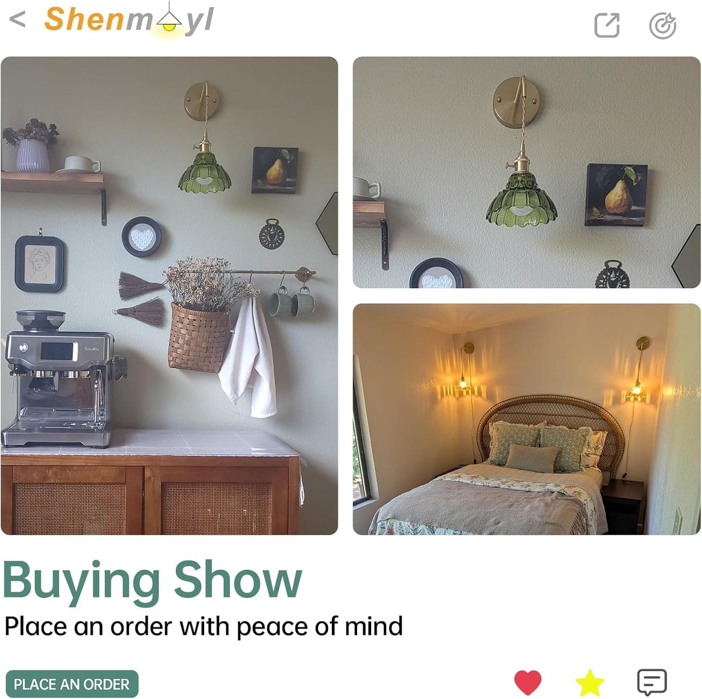 Shenmoyl Battery Operated Wall Sconce Wall Lamp with Green Lily of the Valley Shade Pattern Glass Adjustable Chain Retro Gold Wall Mounted Light, Modern Wall Lamp Fixtures Decor for Bedside Bedroom