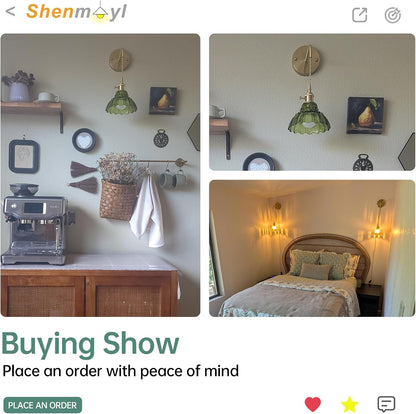 Shenmoyl Battery Operated Wall Sconce Wall Lamp with Green Lily of the Valley Shade Pattern Glass Adjustable Chain Retro Gold Wall Mounted Light, Modern Wall Lamp Fixtures Decor for Bedside Bedroom