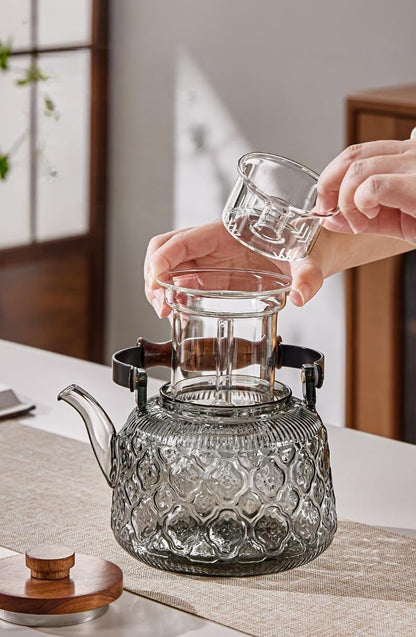 Stovetop Safe Glass Teapot with Malus Spectabilis Pattern Removable Infuser Fine Borosilicate Tea Pot perfect for Fruit Flowering Tea Canister Premium Quality Tea Kettle Gift(Transparent)