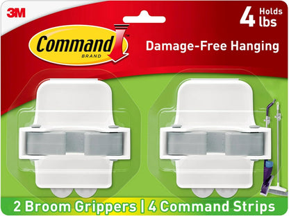 Command Large White Broom Grippers, 2 Broom Grippers, 4 Strips | Damage-Free Hanging Wall Mount Broom and Mop Holder, No Tools Holiday Cleaning Organizer, Holds up to 4 lb