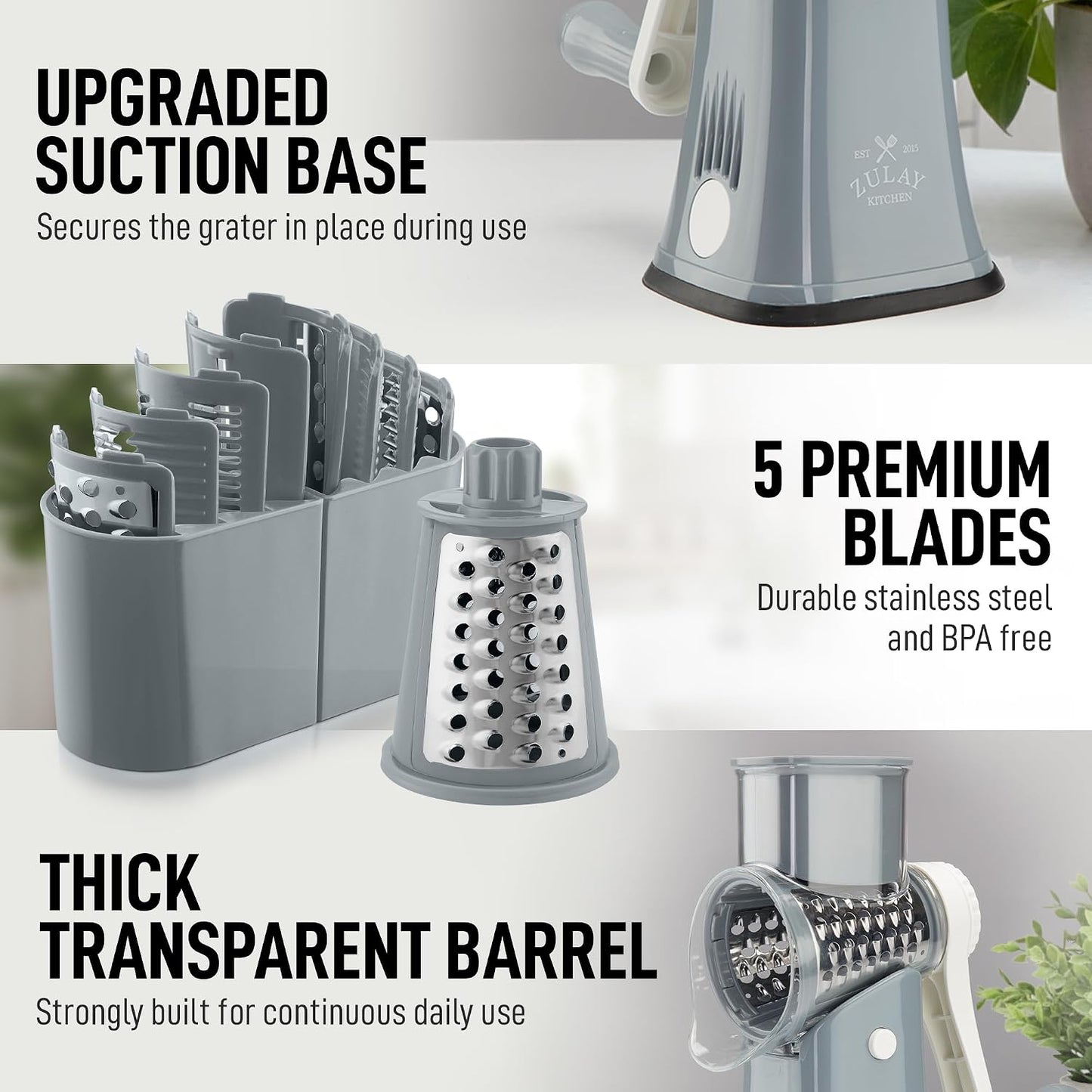 Zulay Kitchen Rotary Cheese Grater 5 Blade Cheese Shredder - Manual Hand Crank Cheese Grater With Reinforced Suction & 5 Interchangeable Drums - Easy to Use, Vegetable Chopper Round Mandoline Slicer - Colors B