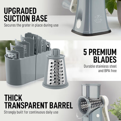 Zulay Kitchen Rotary Cheese Grater 5 Blade Cheese Shredder - Manual Hand Crank Cheese Grater With Reinforced Suction & 5 Interchangeable Drums - Easy to Use, Vegetable Chopper Round Mandoline Slicer - Colors B