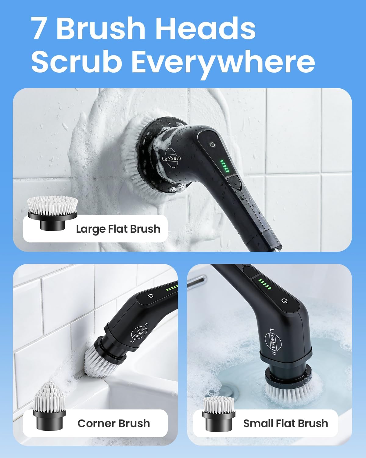 Leebein Electric Spin Scrubber, Cordless Cleaning Brush with 8 Replaceable Brush Heads, Tub and Floor Tile 360 Power Scrubber Dual Speed with Adjustable & Detachable Handle for Bathroom Kitchen Car