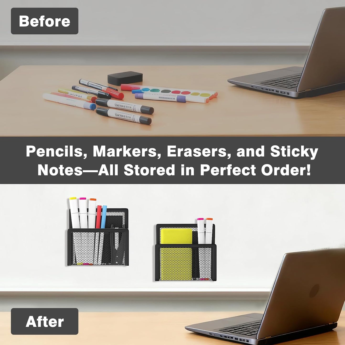 MoKo Magnetic Pen Holder, 2-Pack Mesh Organizer, Black | Magnetic marker holder has two compartments and an iron mesh body for refrigerators, whiteboards and cabinets.