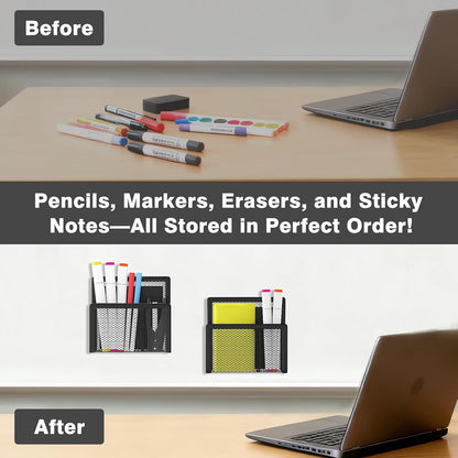 MoKo Magnetic Pen Holder, 2-Pack Mesh Organizer, Black | Magnetic marker holder has two compartments and an iron mesh body for refrigerators, whiteboards and cabinets.
