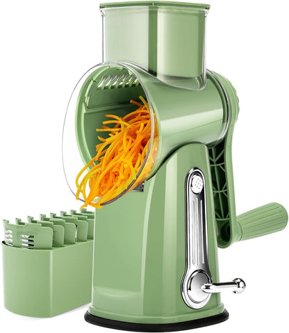 SUSTEAS Rotary Cheese Grater 5 Blades,Kitchen Mandoline Vegetable Slicer | White, Easy to Clean, Strong Suction Base, 5 Blades Storage Box, Round Mandoline Slicer & Food Chopper for Salad