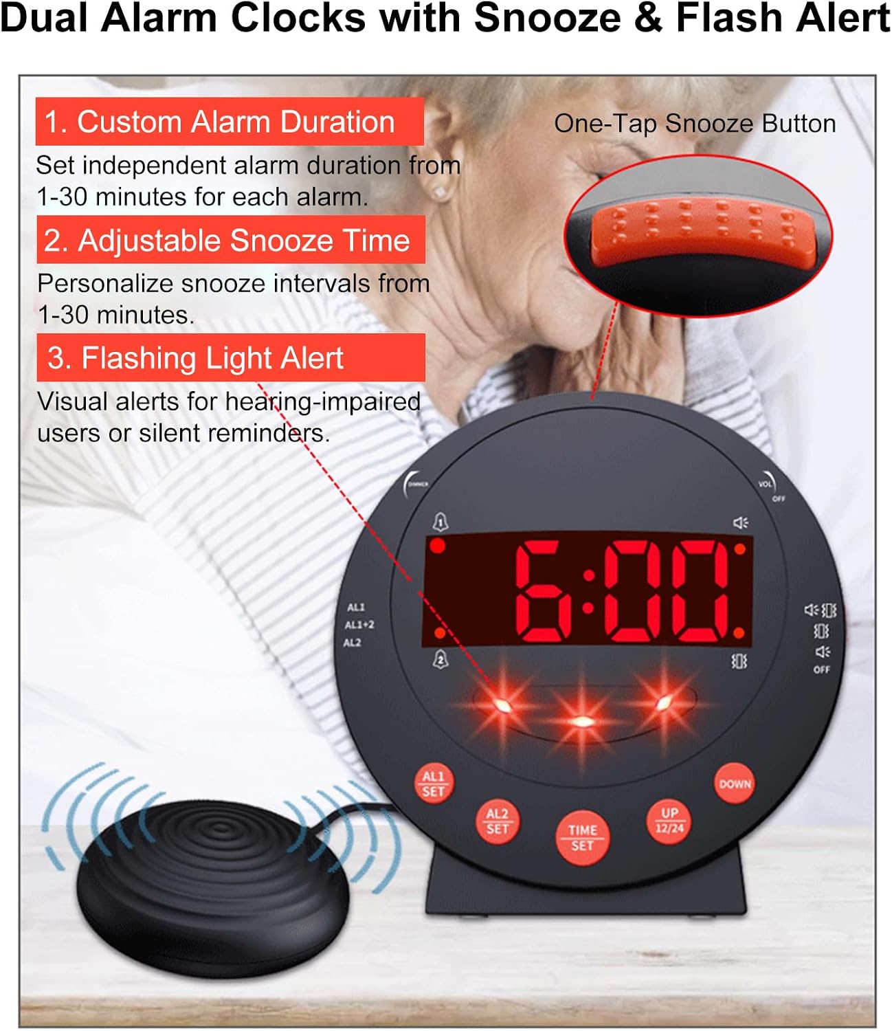 TARSHYRY Vibrating Alarm Clock with Bed Shaker LED Display Loud Volume Adjustable Brightness for Heavy Sleepers Deaf Hard of Hearing