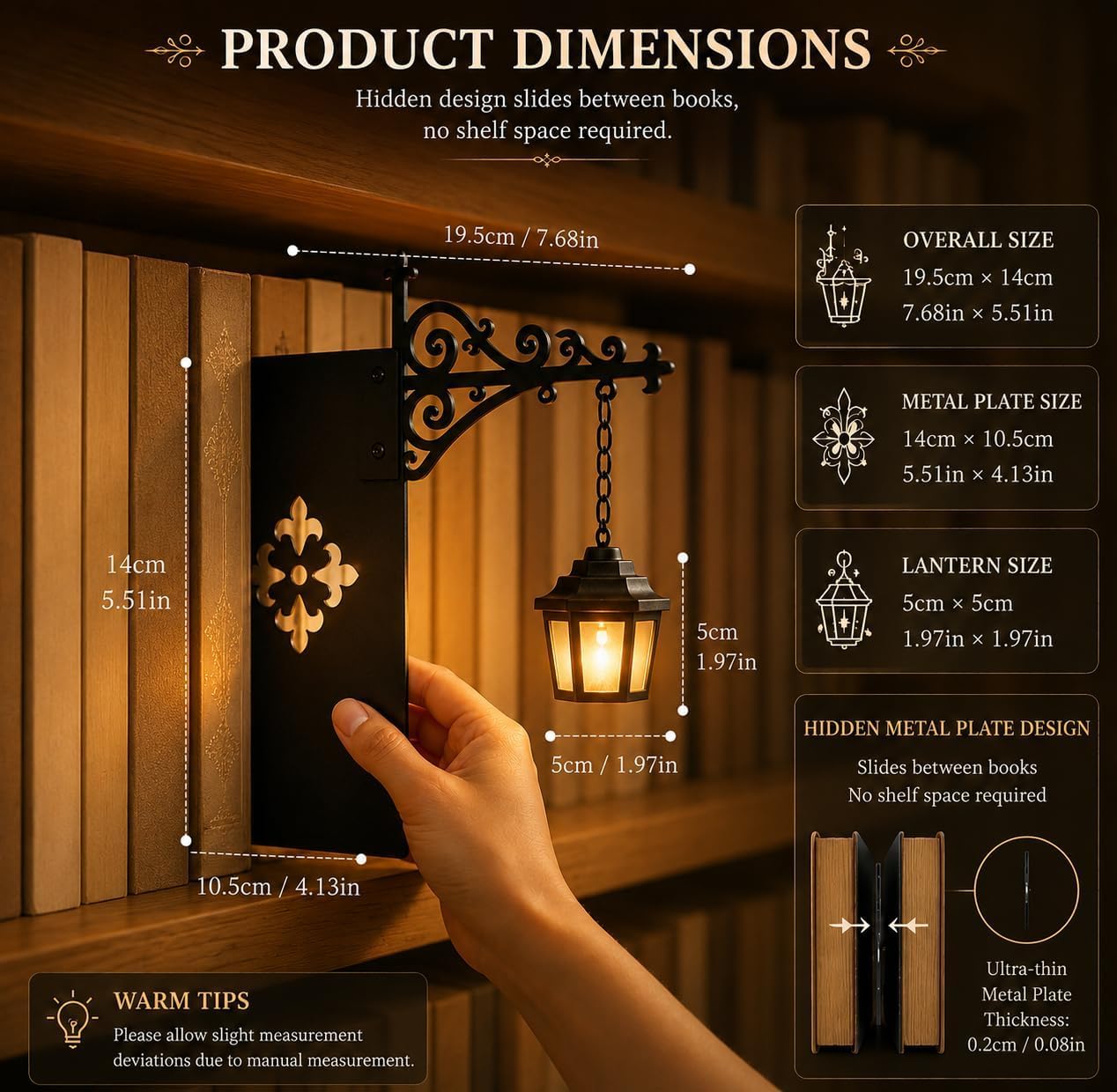 Library Lantern-Decorative Bookshelf Lighting, Mini Bookshelf Lamp Slides Between Books, Warm Amber LED Bookshelf Lights for Book Nook, Shelf Decor Gift for Book Lovers(Classic Lantern)