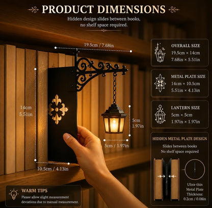 Library Lantern-Decorative Bookshelf Lighting, Mini Bookshelf Lamp Slides Between Books, Warm Amber LED Bookshelf Lights for Book Nook, Shelf Decor Gift for Book Lovers(Classic Lantern)