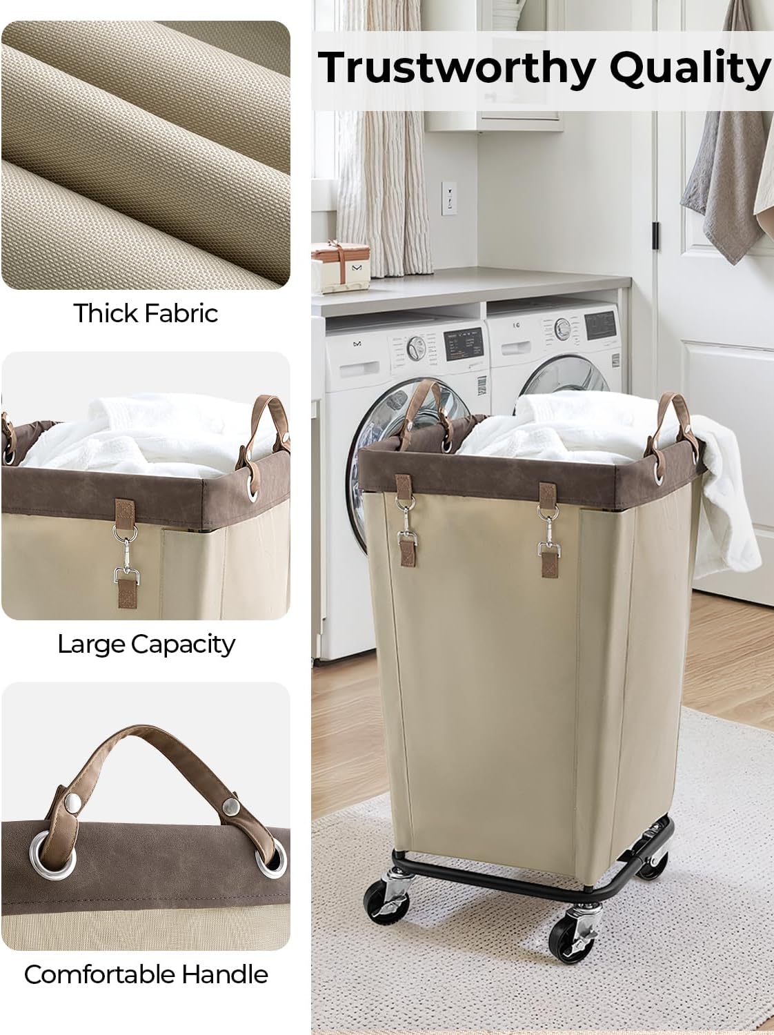 StorageWorks 160L Laundry Basket with Wheels, Rolling Hampers for Clothing | Beige Laundry Basket with Wheels, Metal Frame & Handles, Rolling Hamper for Bedroom, Bathroom, Dorm, Hotel