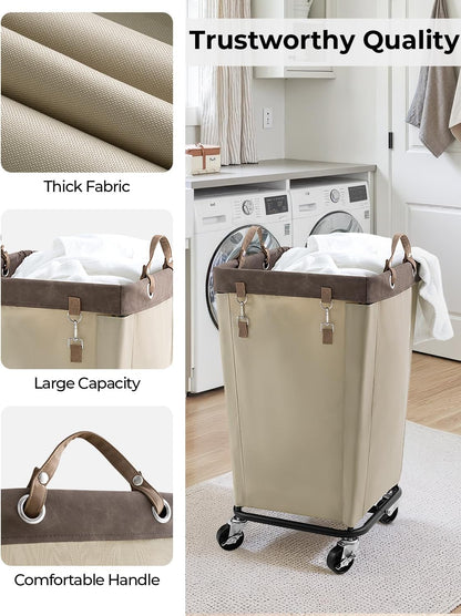 StorageWorks 160L Laundry Basket with Wheels, Rolling Hampers for Clothing | Beige Laundry Basket with Wheels, Metal Frame & Handles, Rolling Hamper for Bedroom, Bathroom, Dorm, Hotel