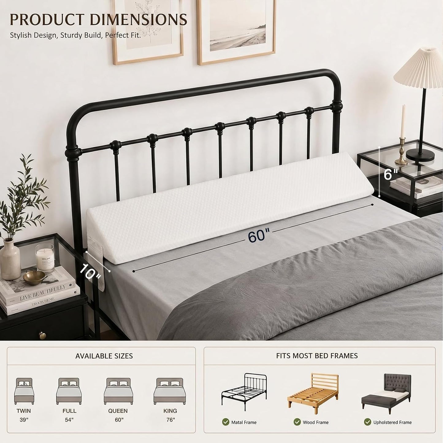 Twin Bed Wedge Pillow for Headboard Gap/Bed Gap Filler Black | Long Triangle Corner Pillows with Pockets,Dense Foam,Pillow Prevents Stuff Drops, Between Twin Mattress and Frames Home Decor