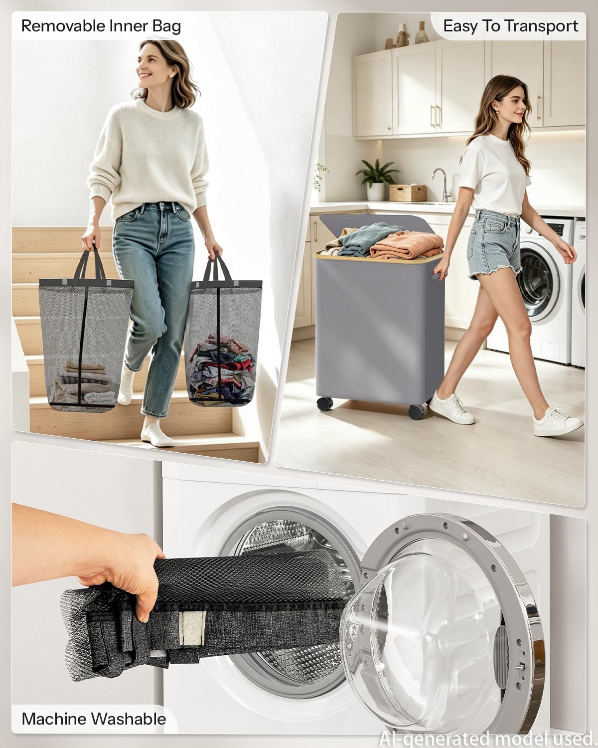 Double Laundry Basket with Wheels and Lid, 150L Clothes Hampers for Laundry | Large Laundry Hamper with 2 Sections & Removable Liner Bags, Rolling Dirty Clothes Basket for Bedroom Bathroom Dorm College
