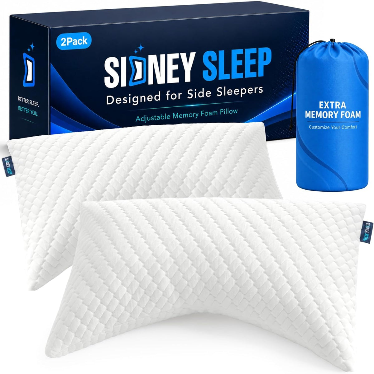 Sidney Sleep Adjustable Curved Pillows for Neck and Shoulder Support with Extra Shredded Fill - Cervical Contour Pillow for Side and Back Sleepers - Queen Size 19" x 29" CertiPUR-US Certified (White)