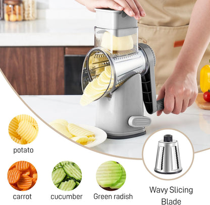 Weltonhm 4 in 1 Large Rotary Cheese Grater Hand Crank (black, 3 Graters) | Cheese Shredder Rotary and Slicer with 4 Stainless Steel Blades for Vegetables, Veggie and Cheese, Stronger Suction Base