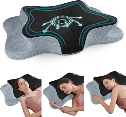 CHxxy Memory Foam Pillows, Cervical Pillow for Neck & Shoulder Pain Relief | Ergonomic Contour Bed Pillow, Soft for Side Sleep Stomach Sleeping and Back Sleeper-Queen Size&Grey