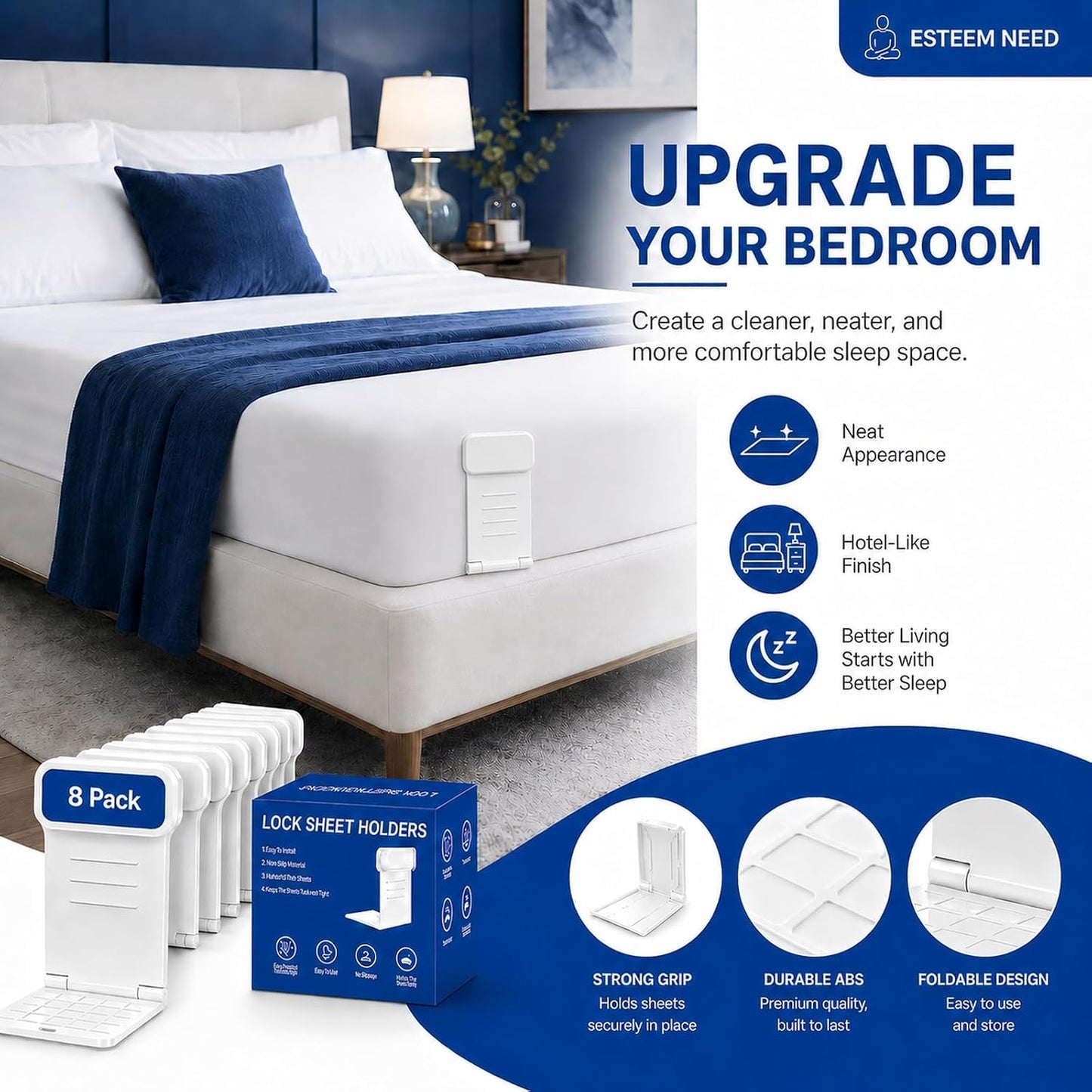 8pcs Bed Sheet Holders for Corners for King and Queen Beds Bed ABS&PC, 10 Non-Slip Mats, 180 Degrees Fold, Snap-Fastener Design, Adjustable Strap Clips, Tight Grippers - White Large