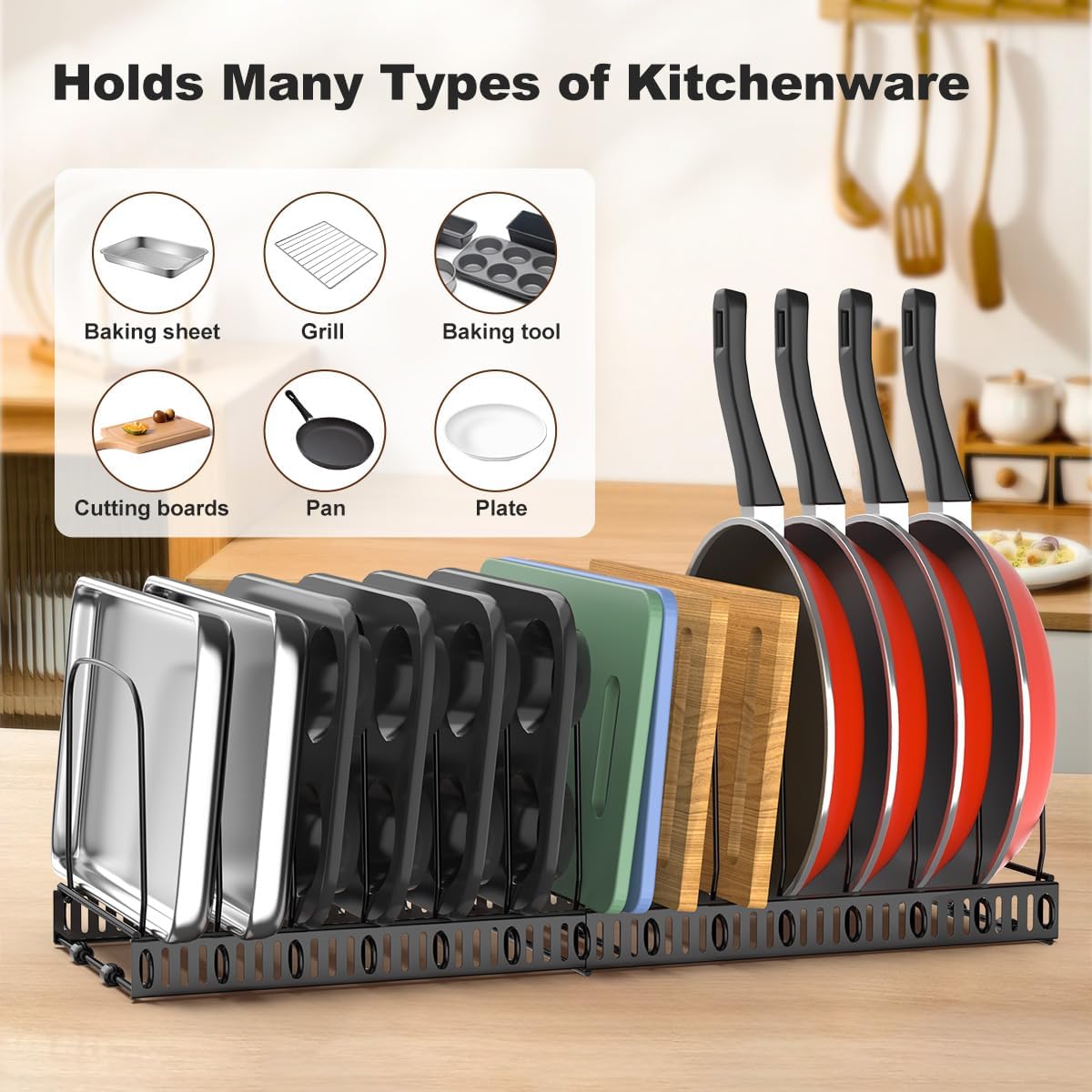 Housolution Cutting Board and Baking Tray Cookie Sheet Organizer, Black | 12"-23" Expandable, 14 Adjustable Dividers, Sturdy Metal Construction, Easy Assembly