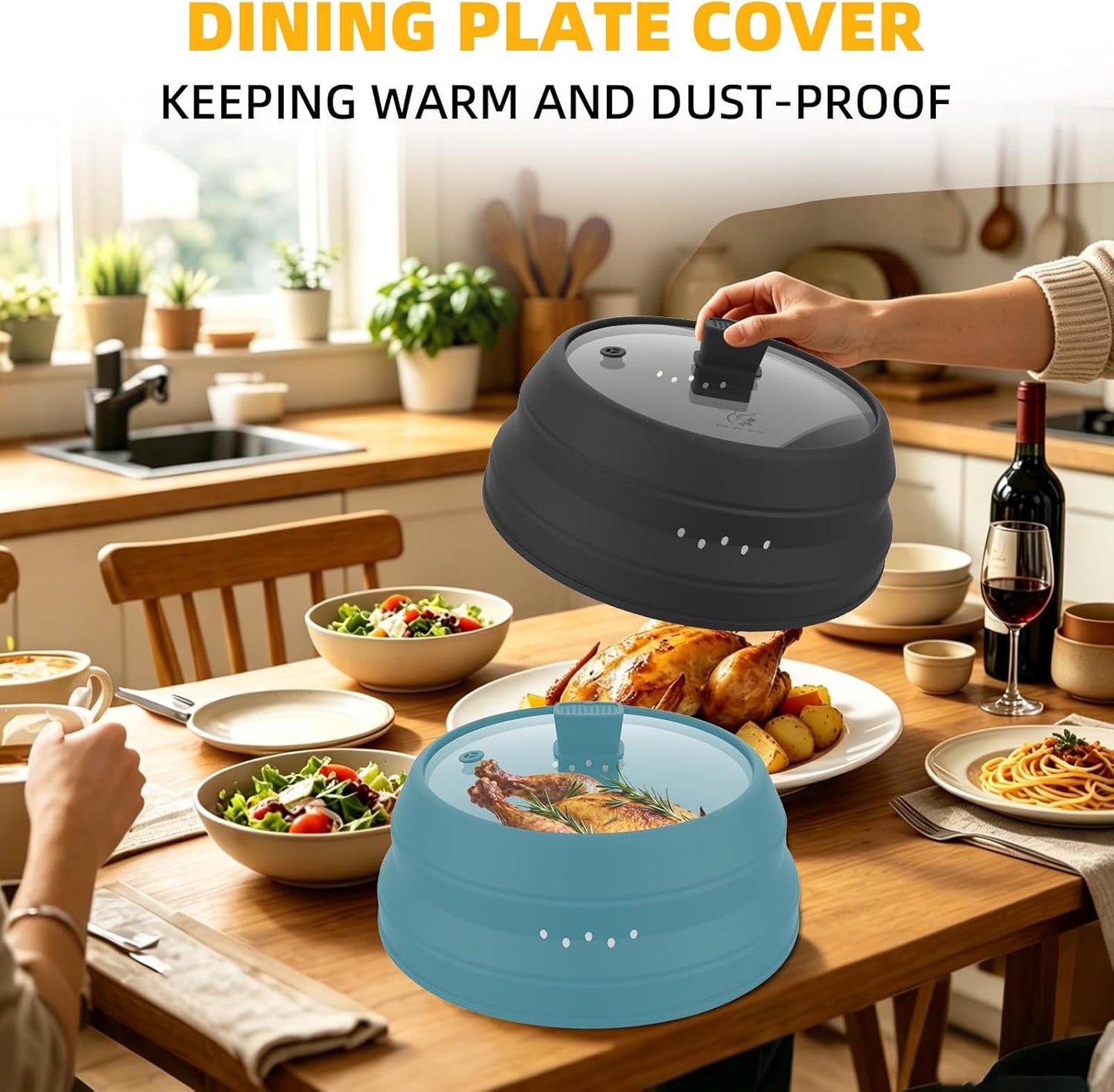 Microwave Splatter Cover Glass Guard Lid with Collapsible Silicone for Food Pot Plate Cover 9.8 inch Dark Blue