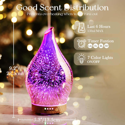 Porseme Oil Diffuser 3D Glass Aromatherapy Ultrasonic Humidifier, Air Refresh Auto Shut-Off, Timer Setting, BPA Free for Home Hotel Yoga Leisure SPA Gift 150ml Last 6H - Colors B