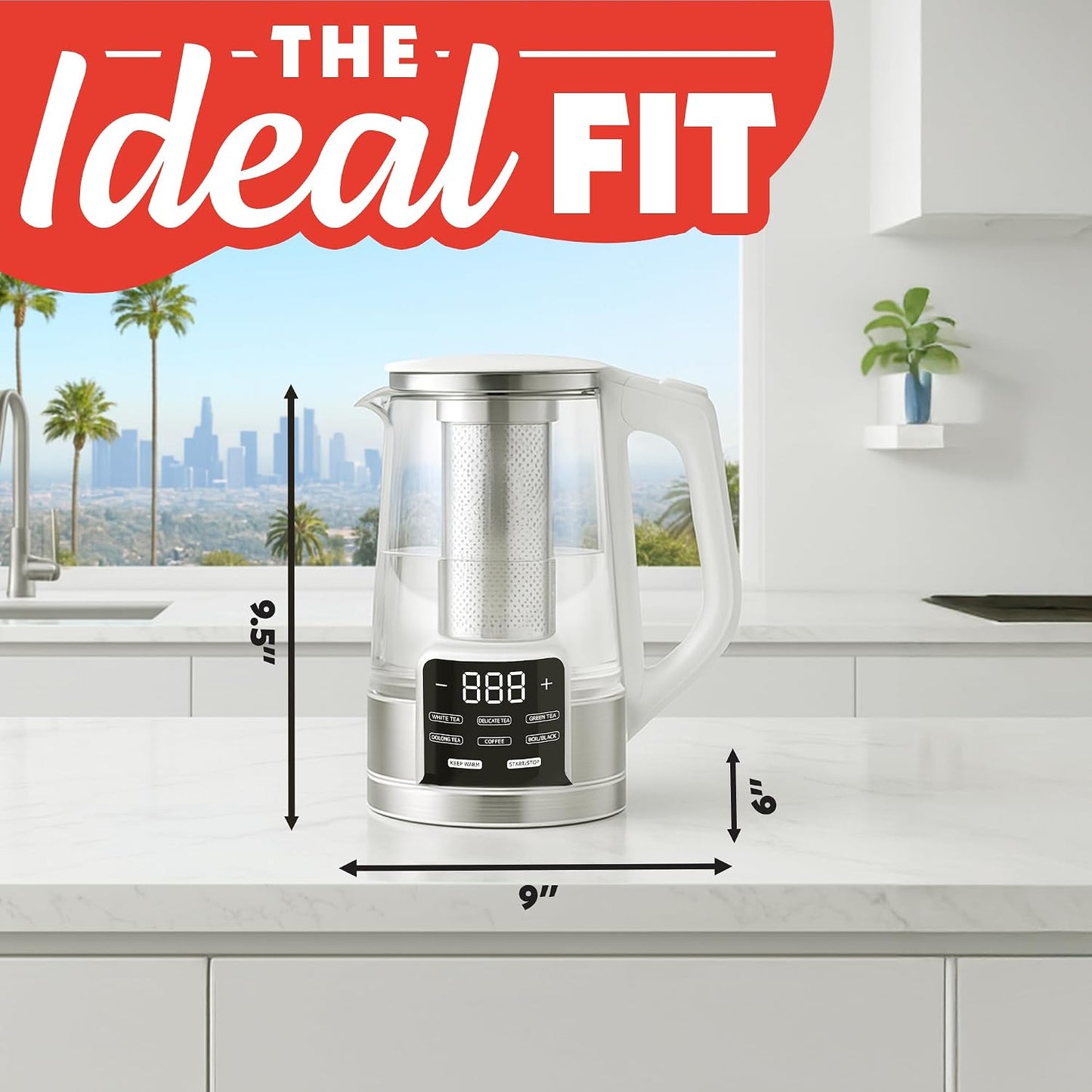 Gourmia Electric Glass Kettle – 1.7L Programmable Tea & Coffee Brewer with Digital Touch Display, 6 Presets, Removable Stainless Steel Infuser, Cordless with 360° Swivel Base, Black