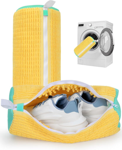 Shoe Washing Machine Bag, 2Pcs Reusable Laundry Shoe Bag for Washer and Dryer, 360° Deep Cleaning Mesh Shoe Wash Bag, Durable Sneaker Cleaning Bag Fit for All Shoes Types (Yellow)