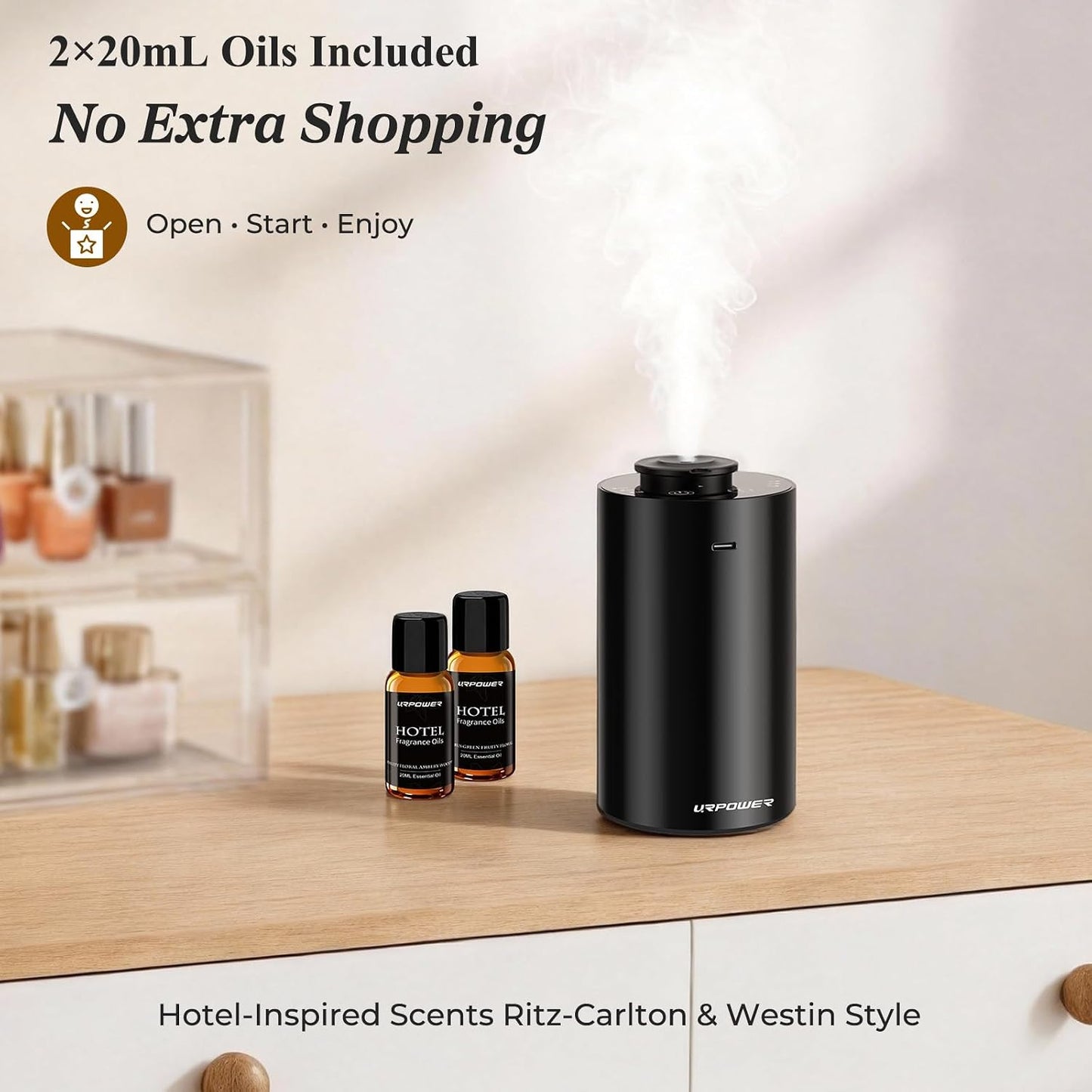 URPOWER Waterless Essential Oil Diffuser Cordless Mini Scent Diffuser 20mL | Includes 2 x 20mL Hotel-Inspired Essential Oils, Rechargeable Aluminum Waterless Diffuser for Car, Home & Office, Black