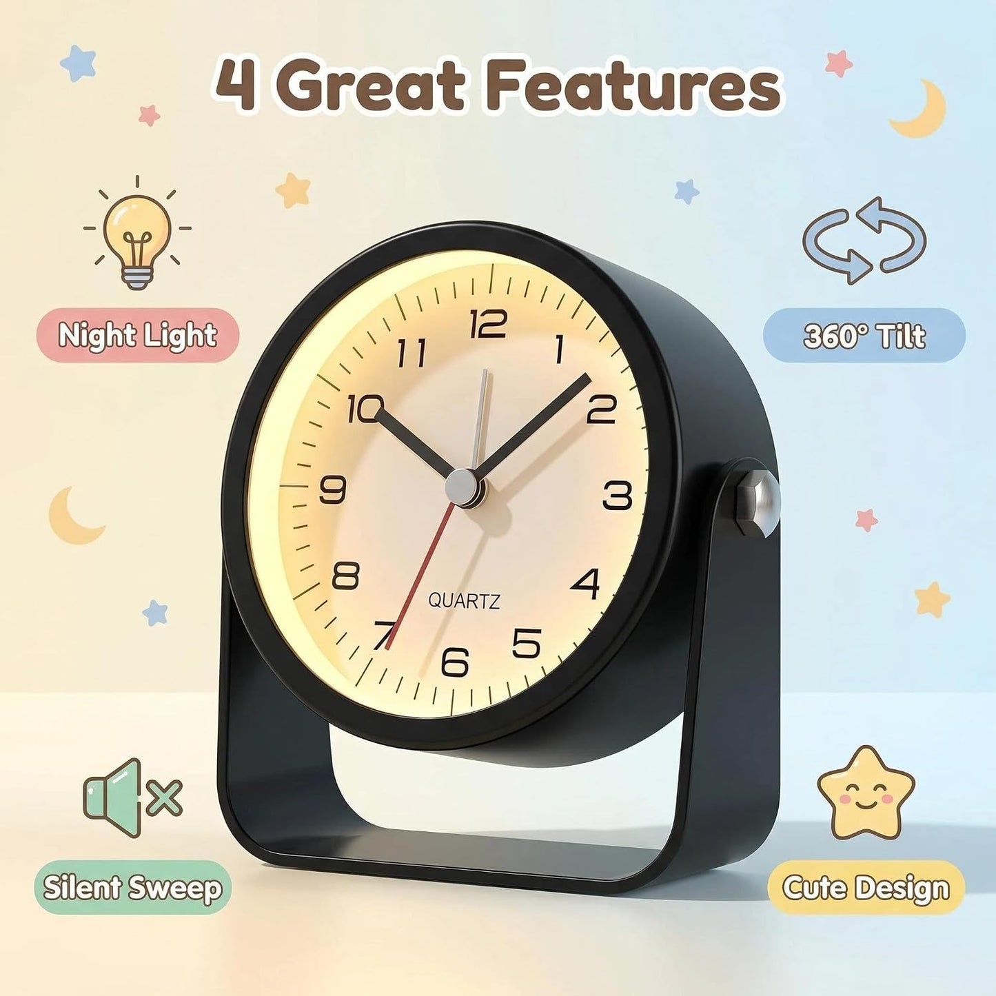 Small Desk Alarm Clock for Kids, 3.5 Inch Battery Operated Analog Silent Clock with Adjustable Angle and Warm Night Light, Cute Vintage Metal Bedside Clock for Children's Room Boys Girls（black）
