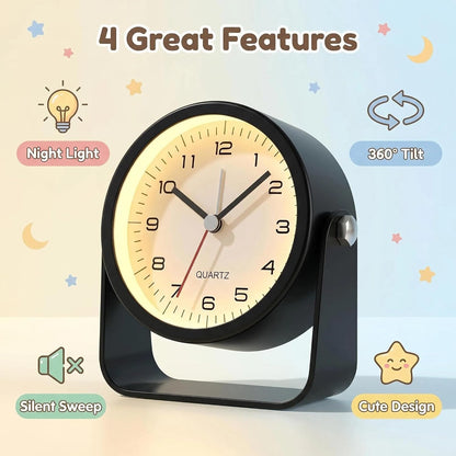 Small Desk Alarm Clock for Kids, 3.5 Inch Battery Operated Analog Silent Clock with Adjustable Angle and Warm Night Light, Cute Vintage Metal Bedside Clock for Children's Room Boys Girls（black）