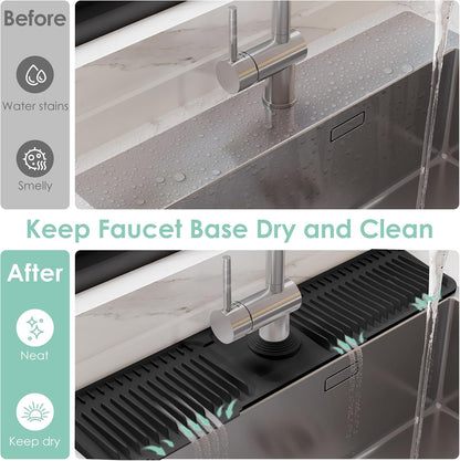 24-Inch Silicone Faucet Mat for Kitchen Sink Splash Guard, 7° Slope | 24"x5.5" water draining mat with fasten button; 1.6-2.75" customizable hole for bathroom, RV & kitchen sink drip catcher.