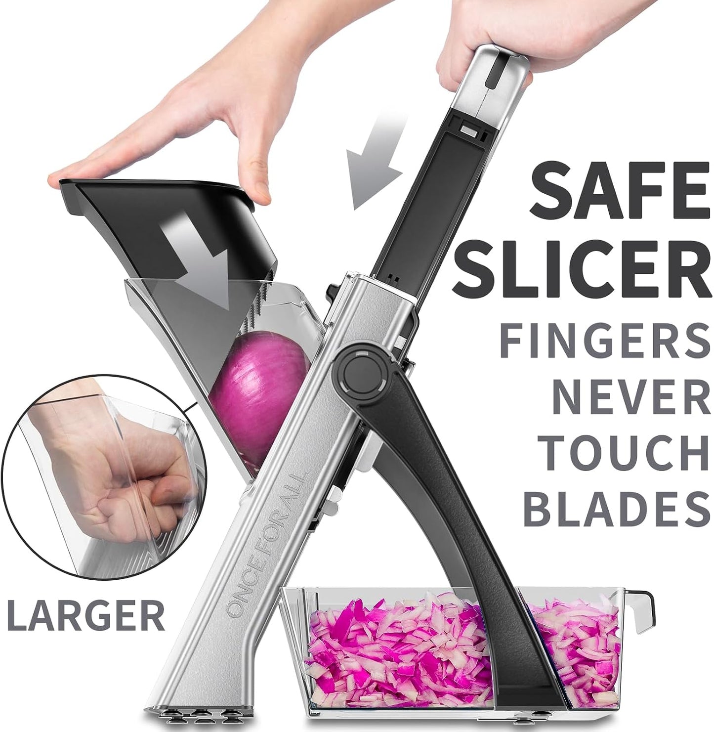 ONCE FOR ALL Safe Mandoline Slicer Plus, Bigger Size, Potato Slicer, Black | 0.1-8mm Adjustable Vegetable Food Chopper, Kitchen Mandoline Slicer Stainless Steel, Detachable Blade, Dishwasher-safe, Gift