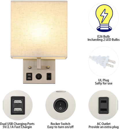 Vrisa Wall Sconces Wall Lamps for Bedrooms Set of 2 Plug in Bedside Lights Wall Mounted with USB Ports Outlet Wall Light Fixtures for Bedroom Living Room Black (2 Bulbs Included)