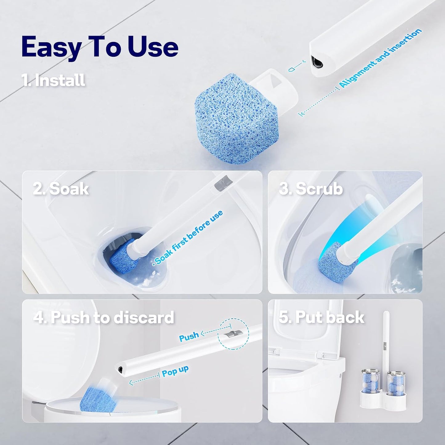 Pumice Stone Toilet Bowl Cleaner 8Ct, 18in Extra Long Handle | 18in Extra Long Handle, One-Touch Ejection, Hard Water Stains Ring Limescale Remover, Toilet Bathtub Grill Pool Sink