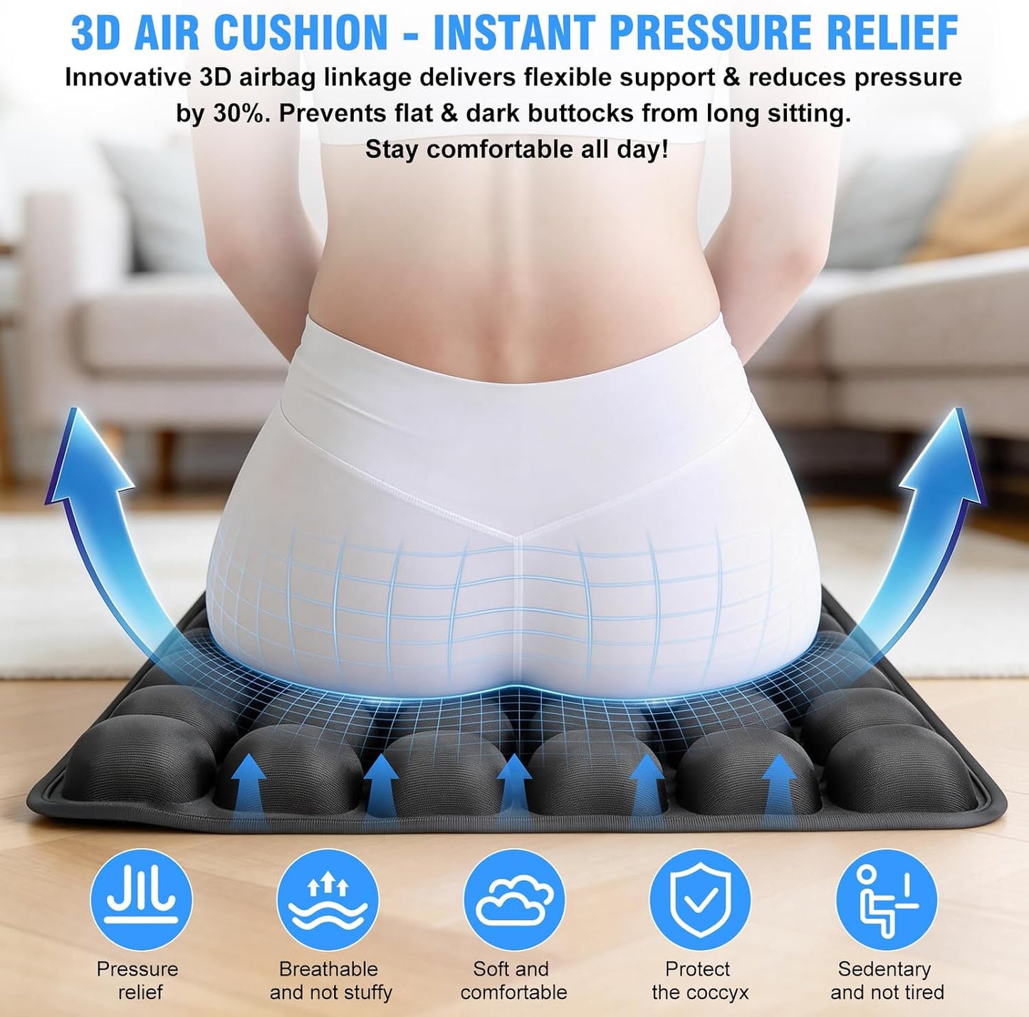 Travel Seat Cushion for Airplane, 3D Inflatable Cushion Non-Skid | Adjustable Air Cushion for Coccyx Tailbone Pain Relief, For Airplane, Car Seat, Office Chair, Wheelchair, Stadium Use