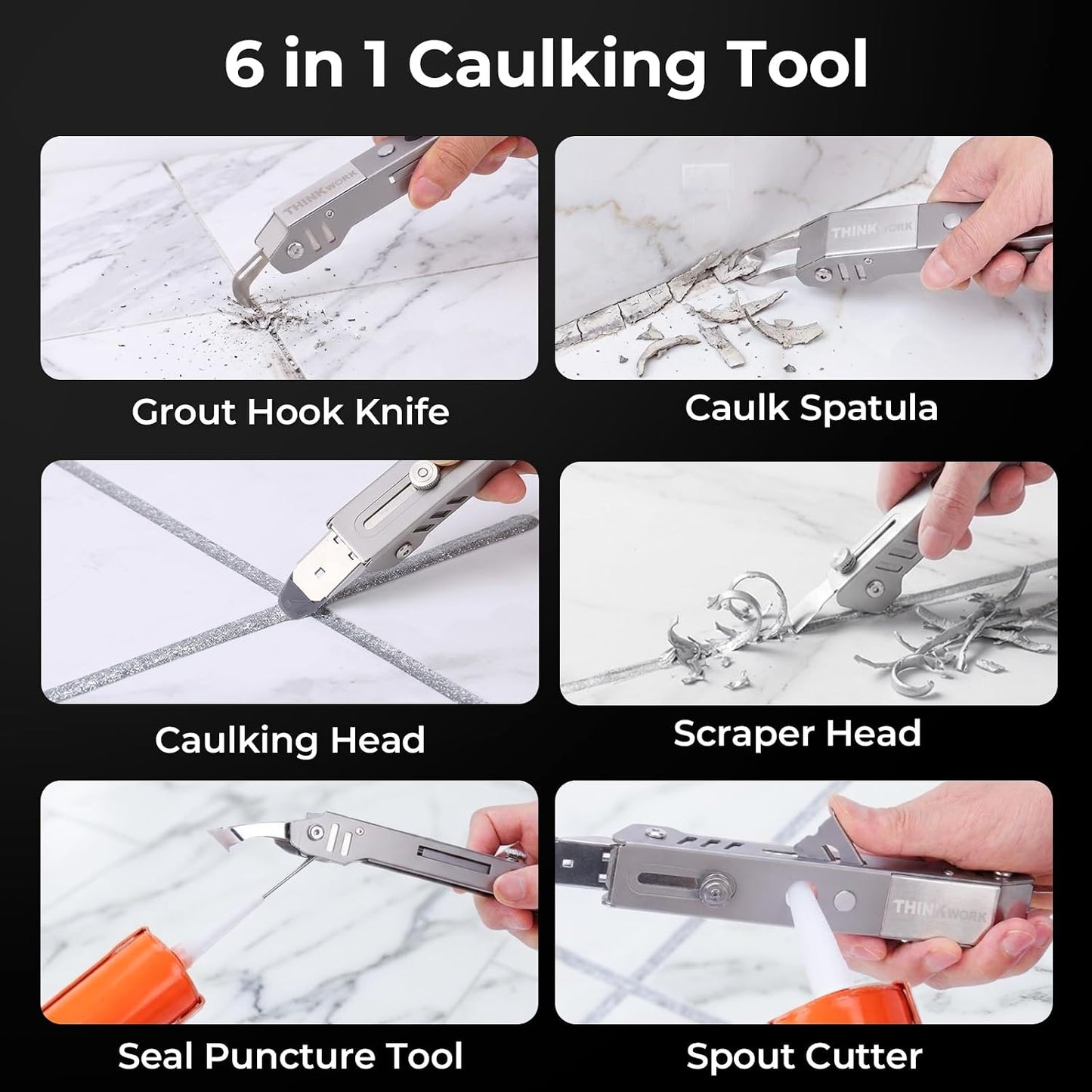 6 in 1 Silicone Caulking Tool Kit, Stainless Steel Caulk Remover Tool | Heavy-Duty Construction, Quick & Easy to Use, 5 Replaceable Silicone Pads, PU Leather Pouch, Remove, Apply & Finish Caulk