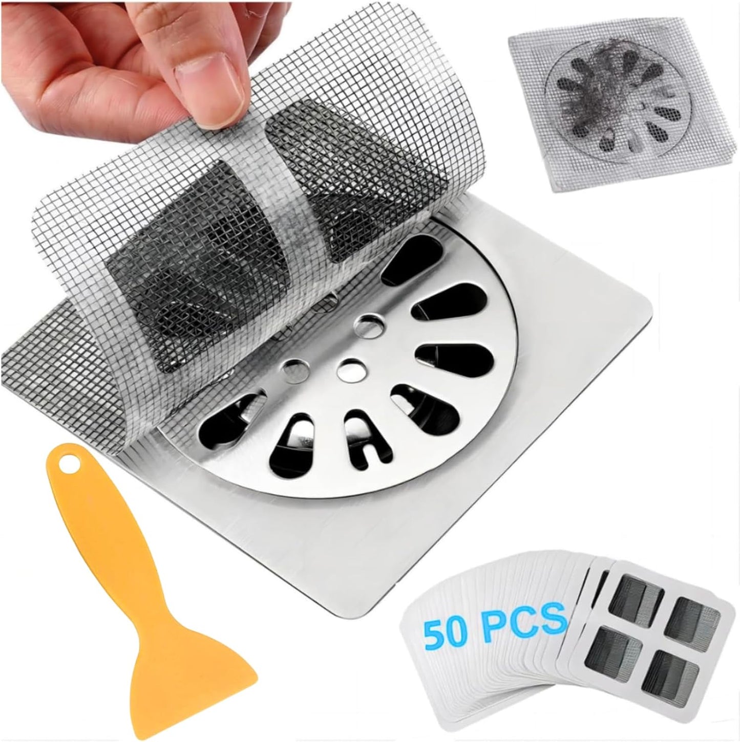 50 Pack Square Disposable Shower Drain Hair Catcher Stickers | Waterproof, For Bathroom Floor, Sink & Bathtub, Easy-Peel, Clog Prevention & Hygiene