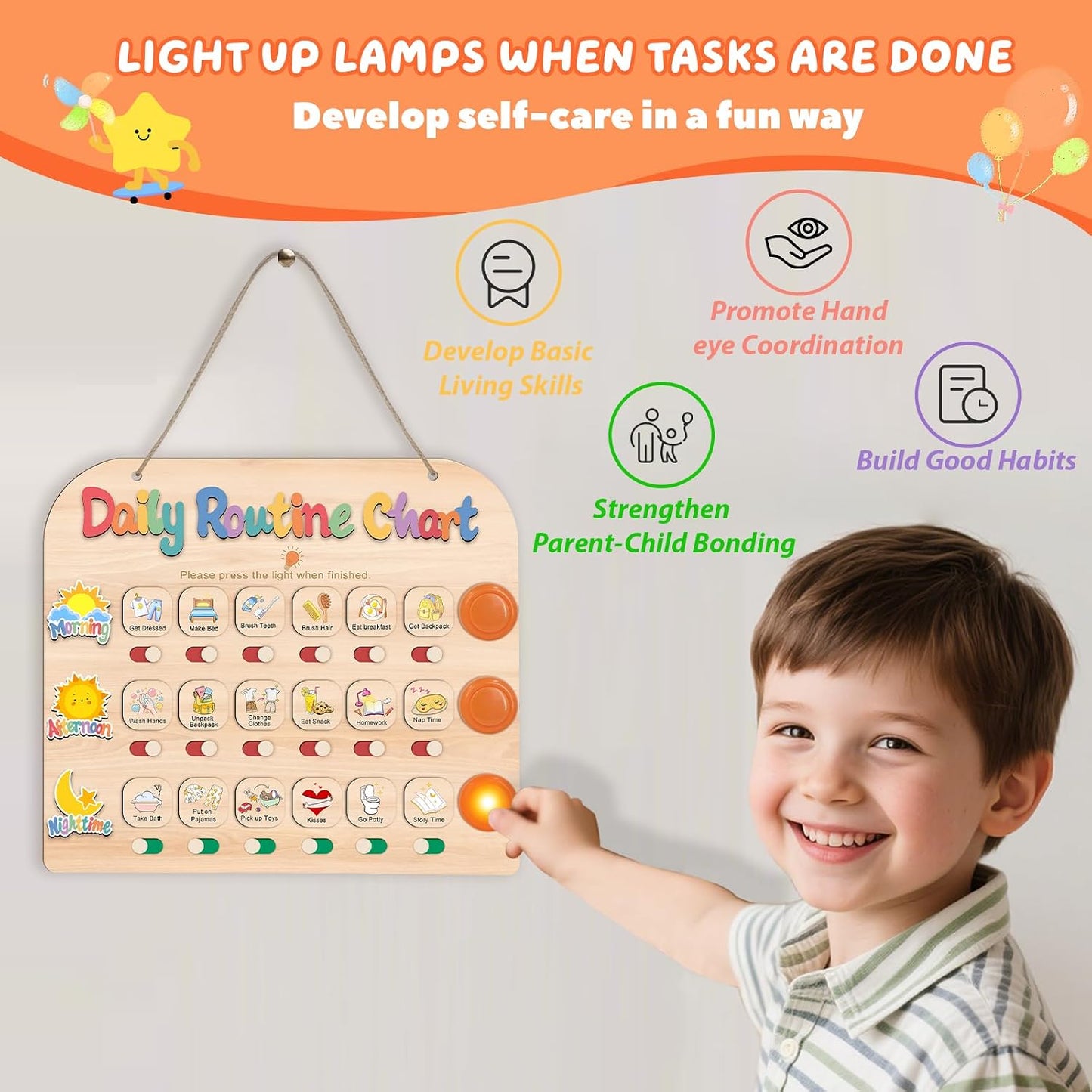 Morning Routine Chart for Toddlers, Visual Schedule Chart Planner | to Do List with 6 Tap Lights & 10 Activity Cards, Wooden Checklist Schedule Board for Kids, Autism, Preschoolers, ADHD Tools