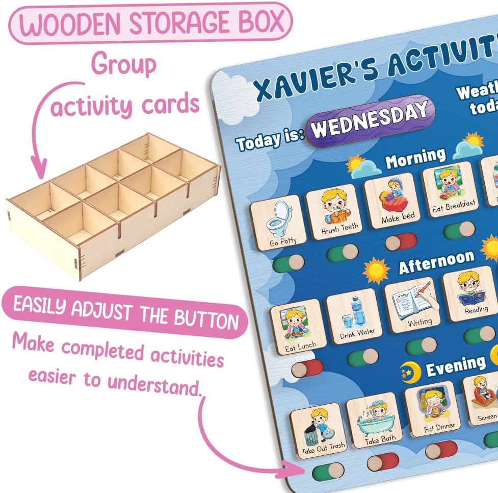 Daily Routine Chart for Kids, Visual Schedule, Routine Chart for Toddlers 3-5, Morning Bedtime Routine Chart for Toddlers, Wooden Chore Chart for Kids