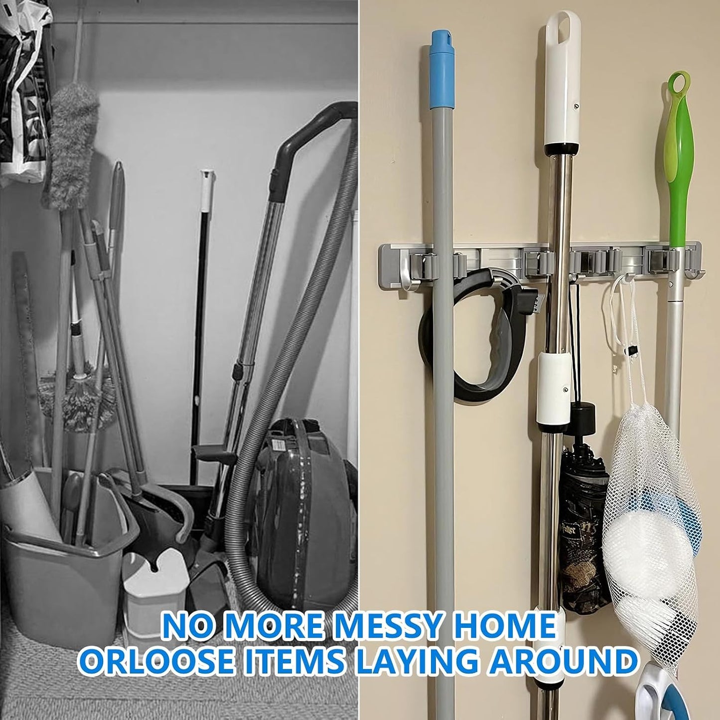 reliahom Broom Holder Wall Mount Mop Hanger Tools organizer 5Racks 4Hooks | Adjustable Mop Broom Wall Hanging Heavy duty Tools Storage Rack Space-saving for Garage,Kitchen,Laundry Room,Garden, Silver