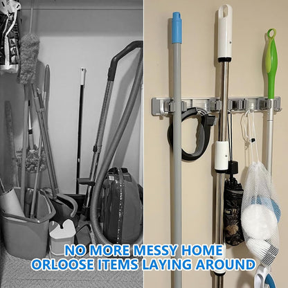 reliahom Broom Holder Wall Mount Mop Hanger Tools organizer 5Racks 4Hooks | Adjustable Mop Broom Wall Hanging Heavy duty Tools Storage Rack Space-saving for Garage,Kitchen,Laundry Room,Garden, Silver