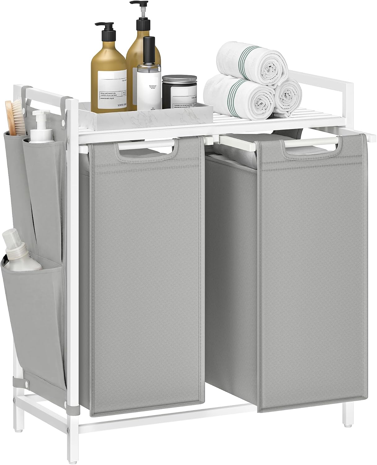 VASAGLE Laundry Hamper, Laundry Basket Sorter with 3 Pull-Out and Removable Bags, Shelf, Metal Frame, 3 x 10.6 Gallons (40 L), 36.4 x 13 x 28.4 Inches, Cappuccino Beige and Natural Beige UBLH301LH01