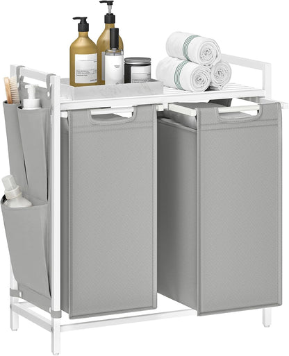 VASAGLE Laundry Hamper, Laundry Basket Sorter with 3 Pull-Out and Removable Bags, Shelf, Metal Frame, 3 x 10.6 Gallons (40 L), 36.4 x 13 x 28.4 Inches, Cappuccino Beige and Natural Beige UBLH301LH01