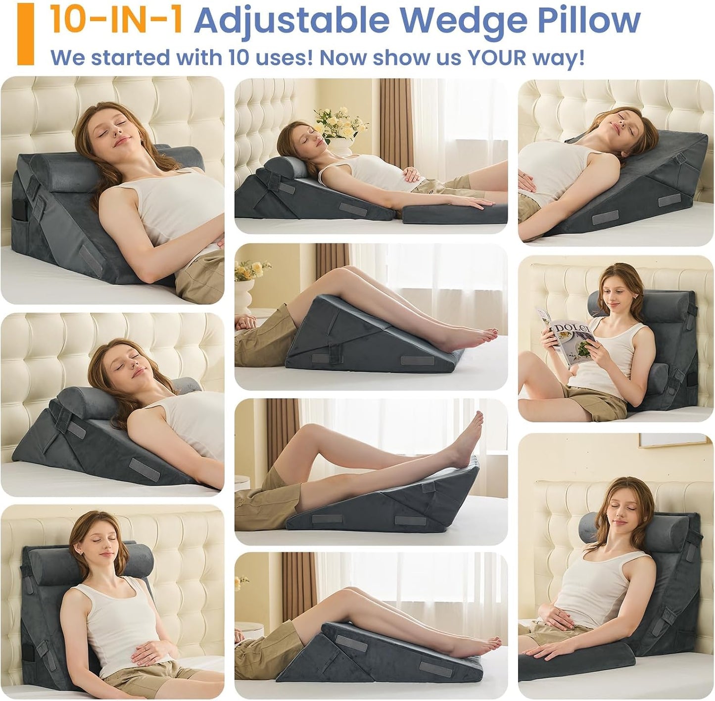 Sasttie Adjustable Wedge Pillow Set for After Surgery, Dark Grey & White | Bed Wedge Pillow Headboard with Memory Foam Neck Cushion, for Acid Reflux, Sleeping, Neck & Back Support