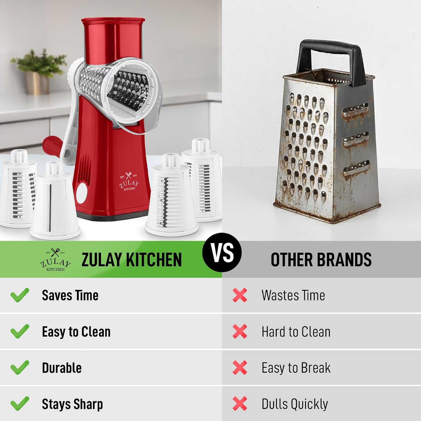 Zulay Kitchen Rotary Cheese Grater 5 Blade Cheese Shredder - Manual Hand Crank Cheese Grater With Reinforced Suction & 5 Interchangeable Drums - Easy to Use, Vegetable Chopper Round Mandoline Slicer - Colors A