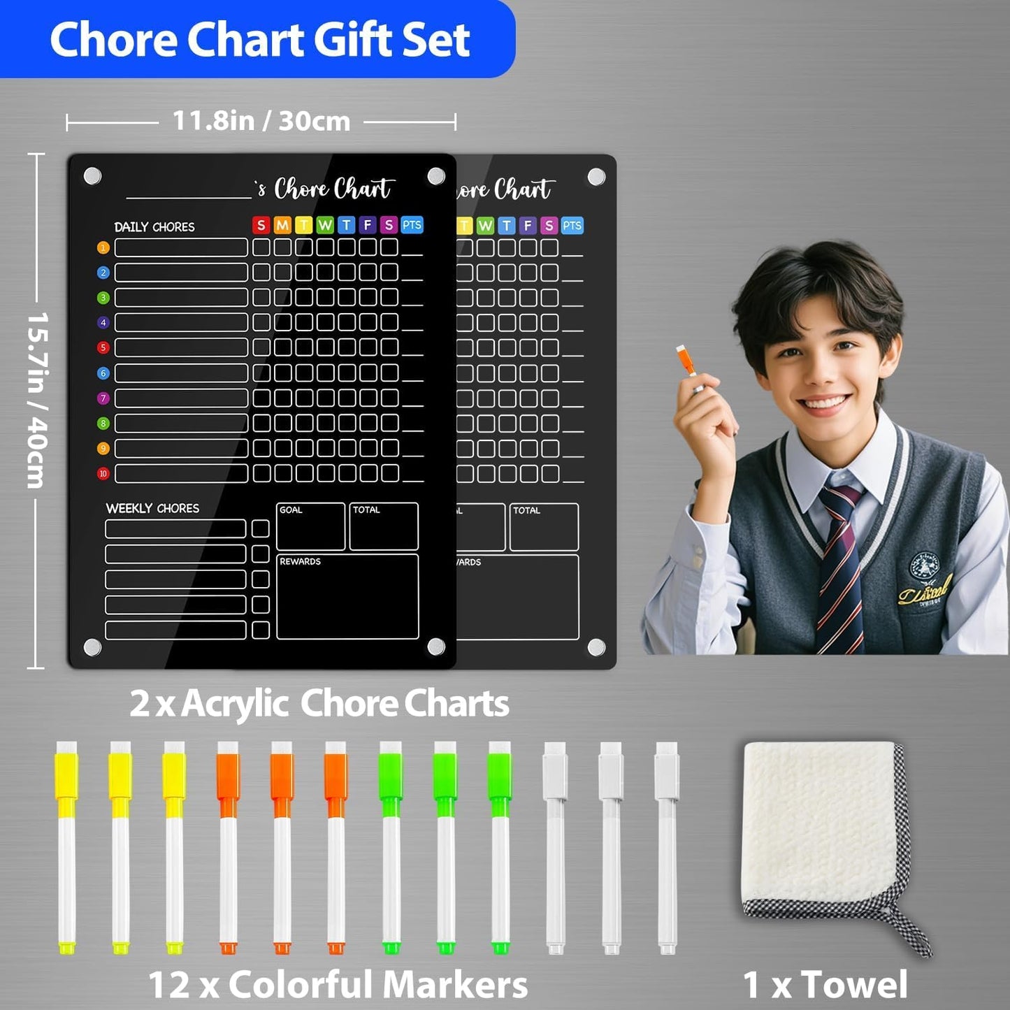 PigPotParty 2-in-1 Acrylic Magnetic Chore Chart for 2 Kids, Large 16x12 in | Clear Dry Erase Fridge Chore Board for Teens, Roommates; Vibrant Layout; Embedded Magnets; 12 Wet-Erase Markers and Towel