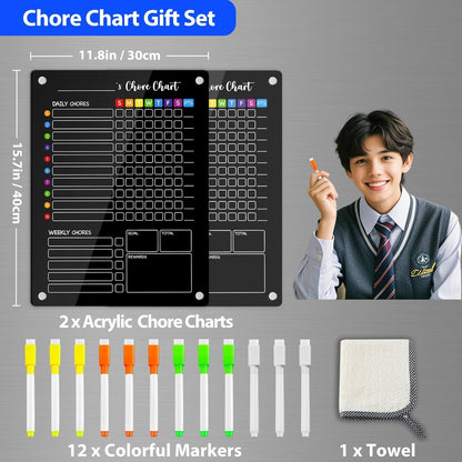 PigPotParty 2-in-1 Acrylic Magnetic Chore Chart for 2 Kids, Large 16x12 in | Clear Dry Erase Fridge Chore Board for Teens, Roommates; Vibrant Layout; Embedded Magnets; 12 Wet-Erase Markers and Towel
