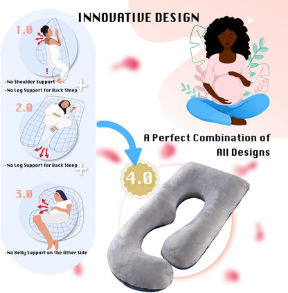 ALLOPERA Pregnancy Pillows for Sleeping, 57-Inch U-Shaped Full Body Maternity Pillow with Adjustable Fill and Removable Washable Cover, Back, Belly, Hip and Leg Support for Pregnant Women, Black Grey