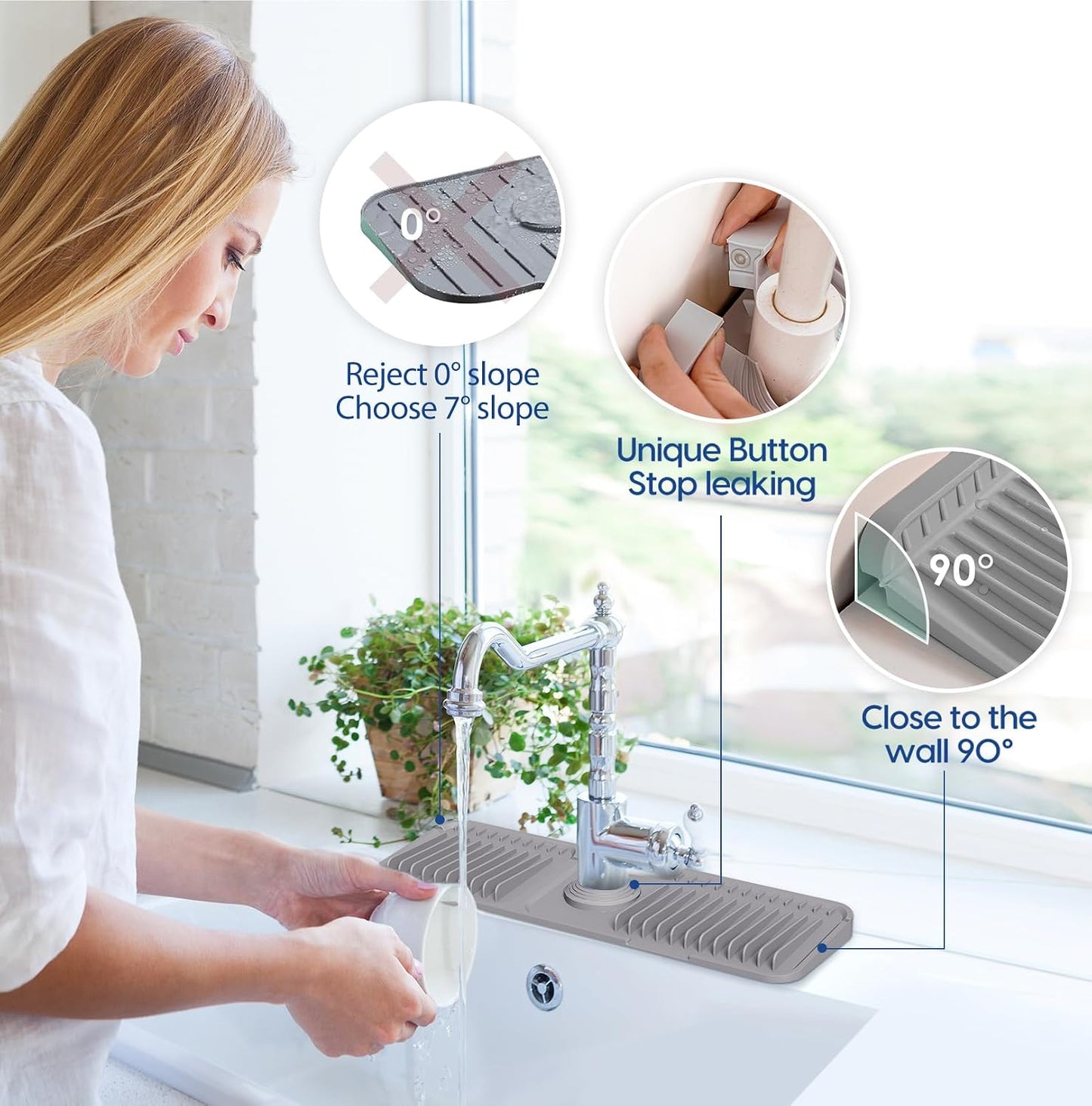 24-Inch Silicone Faucet Mat for Kitchen Sink Splash Guard, 7° Slope | 24"x5.5" water draining mat with fasten button; 1.6-2.75" customizable hole for bathroom, RV & kitchen sink drip catcher.