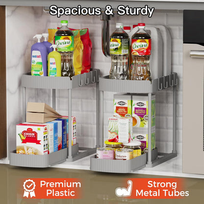 2 Packs Under Sink Pull-Out Storage Organizers, 12.8 Inches, Black | Multi-Purpose Cabinet Organizers and Storage for Bathroom & Kitchen